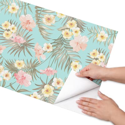 Coloray Meubel Wrap Folie - Turkoois Meubelfolie - 50x100 cm - Decoratiefolie Zelfklevend Exotische flora - Meubelfolie Zelfklevend - Boho Meubelfolie - Wrapfolie Keuken - Wanddecoratie - Bloemen en planten