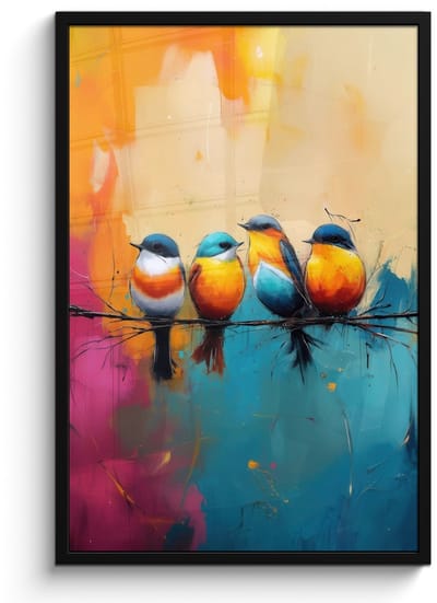 Poster in lijst - Fotolijst 60x90 cm - Posters - Vogels - Kleurrijk - Tak - Abstract - Posterlijst zwart - Decoratie - Wanddecoratie woonkamer - Muurdecoratie slaapkamer