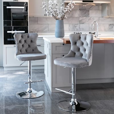 PHOEBE CAT Barkruk - Set van 2 - Draaibare stoel - In hoogte verstelbaar - Metalen frame - Velvet - Grijs