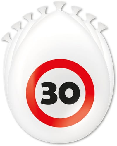 Q2P - Ballonnen - 30 Jaar - Verjaardag Versiering - Verkeersbord - 8 Stuks - Feest Versiering - Rood - Wit