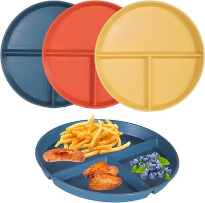 Verdeelborden Set - Onbreekbaar Servies - 3 Stuks 22,5 cm - Portiecontrole en Stapelbaar - Voor Volwassenen en Kinderen - Blauw Geel Oranje