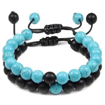 Fako Bijoux® - Dubbele Kralen Armband - 8mm - Natuursteen Armband Koord - Turquoise & Zwart