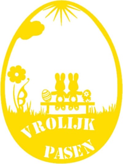 Herbruikbare raamsticker paasei vrolijk pasen, konijn op bankje | Rosami Decoratiestickers