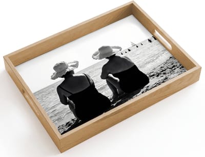 Dienblad hout 40x30 cm - Schootdienblad - Vrouwen - Zonnehoed - Strand - Zwart - Wit - Borrelplank rechthoek - Plateau dienbladen