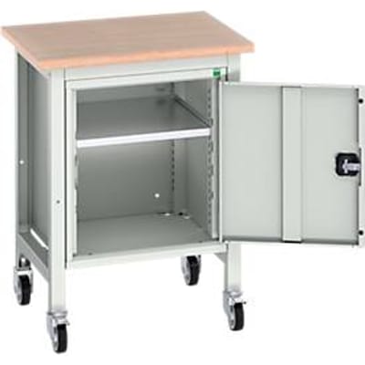 Verrijdbare werkbank Bott verso, multiplexplaat, 1 deur & 1 legbord, wielen, B 700 x D 600 x H 930 mm, RAL 7035 lichtgrijs