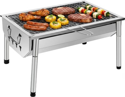 KAD® Draagbare Tafelbarbecue - Houtskool - Met Deksel & Ventilatierooster - Ideaal voor Camping & Balkon - Zilver - 28cm x 40cm x 22cm