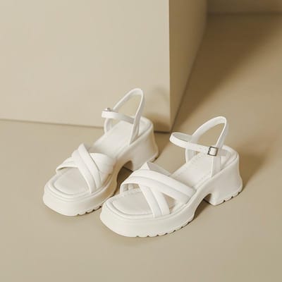 Romeinse Sandalen met Dikke Hak en Dikke Zool voor Dames met Hoge Hakken, Kruisbanden met One-liner Gespen 35 beige