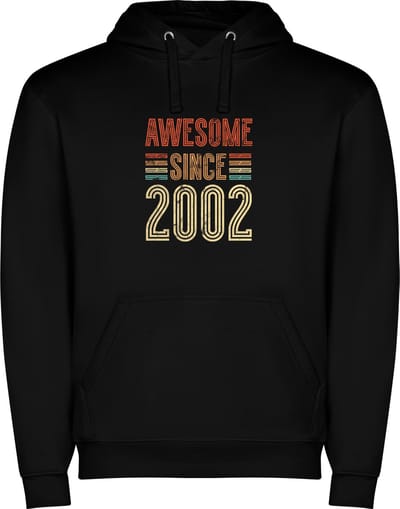 Zwarte unisex hoodie met “ Kleurrijke Awesome Since 2002 – Vintage stijl – Leeftijd – Verjaardag “ Print Full Color Color merk Roly maat S