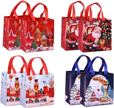 8 Stuks Herbruikbare Kerstcadeautassen met Handvat, Meerkleurige Boodschappentassen voor Kerstdecoraties en Cadeaus