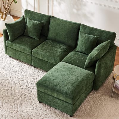 HAUSS SPOLE Hoekbank - Modulaire 3-Zits Met Verplaatsbare Hocker En 4 Kussens - Voor Woonkamer En Kantoor - Chenille Groen