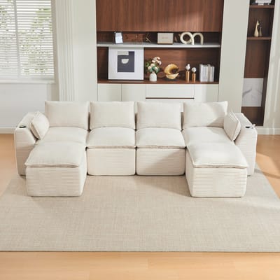 STILVORA Hoekbank 322 x 161 cm - Modulair 4-Zits Met 2 Voetbanken, Kussens En Zijvakken - Voor Woonkamer En Kantoor - Cord Beige