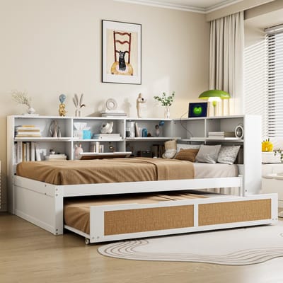 DESMIU Slaapbankbed 140x200cm – Multifunctioneel Bed Met Uittrekbed & Oplaadpunt – Opbergruimte Voor Logeerkamer – Hout En Rotan – Wit – Zonder Matras