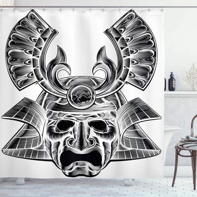 Abakuhaus Douchegordijn – Vintage Japanse masker – Badkamerdecoratie 175x240 cm – Zwart-Wit