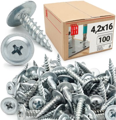 LUN FIX - Zelftappende plaatbouten 4,2x16 mm - 100 Stk. - Verzinkt staal - Kruiskopschroeven voor hout, metaal, kunststof, hek, carport, dakplaten.