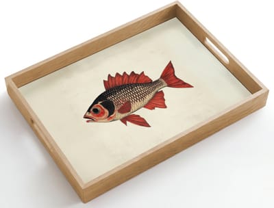 Dienblad hout 50x35 cm - Schootdienblad - Schubben - Rood - Vis - Vinnen - Borrelplank rechthoek - Plateau dienbladen