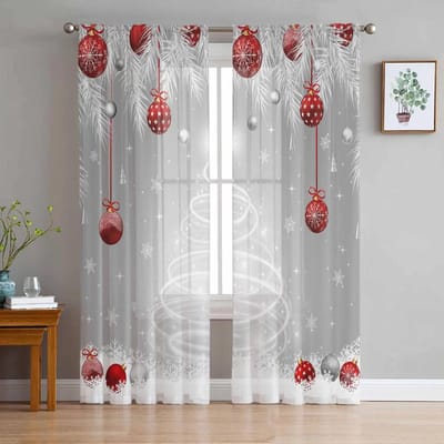 Kerst Winter Zilveren Ceder Bladeren Transparante Gordijnen voor Woonkamer Decoratie Raamgordijnen Keuken Tule Voile Gordijnen W135 x H115cm x1 gray