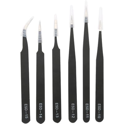 6PCS Anti static Tweezers Stainless Steel Tweezer Maintenance Tool black