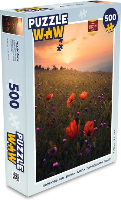 Puzzel Bloemenveld - Gras - Bloemen - Planten - Zonsondergang - Oranje - Legpuzzel - Puzzel 500 stukjes