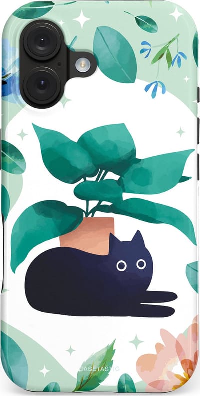 Casetastic hoesje geschikt voor Apple iPhone 16 - MagSafe - Dubbellaagse bescherming - Plantenkat - Fashion Case - Lichtgrijs Turquoise Wit Mintgroen