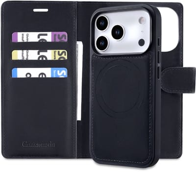 Casemania Hoesje Geschikt voor Apple iPhone 17 Pro - Onyx Black - 2 in 1 Bookcase met Velvet Finish - Geschikt voor MagSafe - Magnetisch Portemonnee Telefoonhoesje met Pasjeshouder en Afneembare Cover - Kunstleer Wallet Case - Zwart