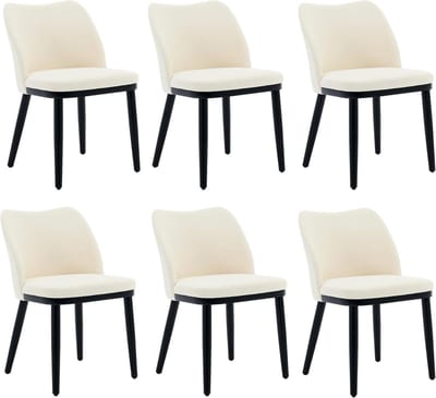 Set van 6 Luxe Eetkamerstoelen - Linnen Bekleding - wit - Met Houten Poten - Gestoffeerde Keukenstoelen - Modern & Ergonomisch