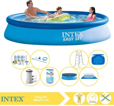 Intex Rond Opblaasbaar Easy Set Zwembad - 366 x 76 cm - Blauw - Inclusief Pomp - Afdekzeil - Onderhoudspakket - Filter - Grondzeil - Schoonmaakset - Ladder - Voetenbad - 9-delig