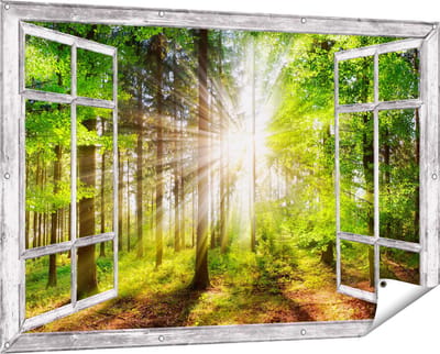 Gards Tuinposter Doorkijk Bos met Zon tussen de Bomen - 150x100 cm - Tuindoek - Tuindecoratie - Wanddecoratie buiten - Tuinschilderij