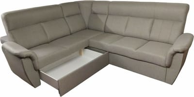 hoekbank modena- links taupe- Hoeksalon met bed en opbergruimte- zetelsenbedden