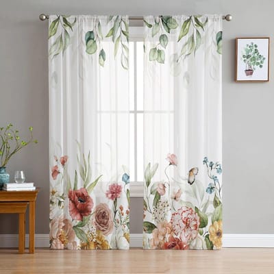 Lente Eucalyptus Bloem Roos Slaapkamer Transparante Dunne Gordijnen Vakantiedecoratie Raam Voile Tule Gordijn 135W x 137H(cm)