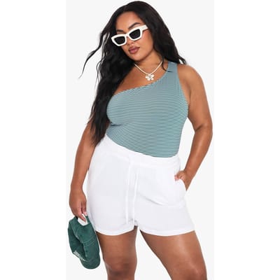 boohoo Dames Plus Seersucker gestreept een-schouder badpak | Groente | Maat: 50