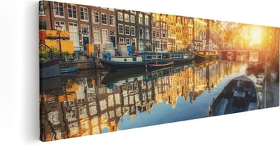 Artaza Canvas Schilderij Grachtenpanden - 60x20 cm - Wanddecoratie Amsterdam - Muurdecoratie Boot - Kamer Accessoires
