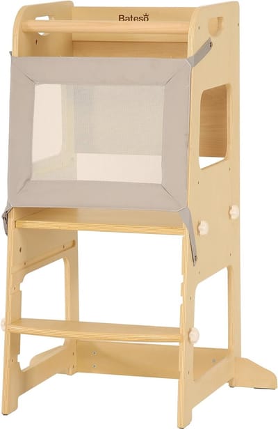 Houten leertoren voor kinderen met afneembaar beschermingsnet - 3 in hoogte verstelbaar - Montessori-stijl - met antislip matten - vanaf 1 jaar - peuteropstapkruk