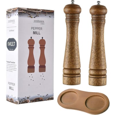 Moulins à Poivre en Bois Set de 2 avec Base, Noyau de Broyage en Céramique Premium, Grosseur Réglable pour Sel & Épices, Outil de Cuisine L marron