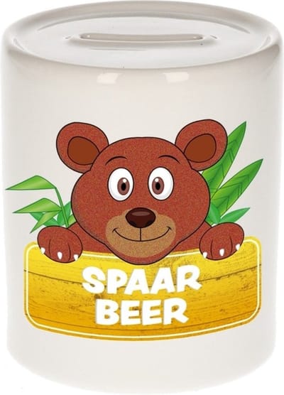 Kinder spaarpot - met beren print - 9 cm - wit - keramiek - met dop - beren spaarpotten