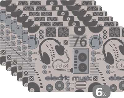 Placemat - Placemats kunststof - DJ - Koptelefoon - Vintage - Tekening - Design - 45x30 cm - 6 stuks - Hittebestendig - Anti-Slip - Onderlegger - Afneembaar