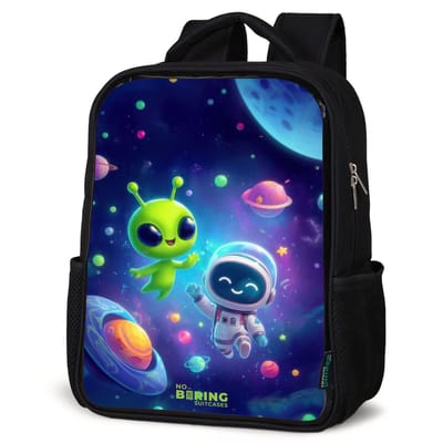 NoBoringSuitcases.com® - Rugzak zwart - Schooltas jongen & meisje - Vrolijke Ontmoeting in de Ruimte - Rugtas voor school - Boekentas kind - Schoolrugzak - Kinderrugzak