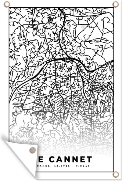 Muurdecoratie Kaart - Plattegrond - Le Cannet - Frankrijk - Stadskaart - Zwart wit - 120x180 cm - Tuinposter - Tuindoek
