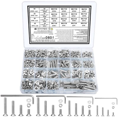 Complete Set van 1080 Zink Schroeven en Moeren, M3 M4 M5 M6, Inclusief Vlakke Hoofdschroeven, Hexaansluitingen en Ringen voor Diverse Toepassingen