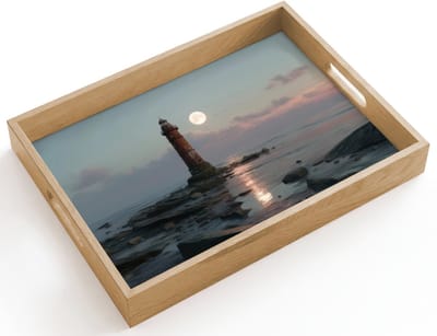 Dienblad hout 40x30 cm - Schootdienblad - Vuurtoren - Stenen - Water - Maan - Borrelplank rechthoek - Plateau dienbladen