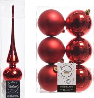 Kerstboom decoratie rood piek en 6x kerstballen 8 cm