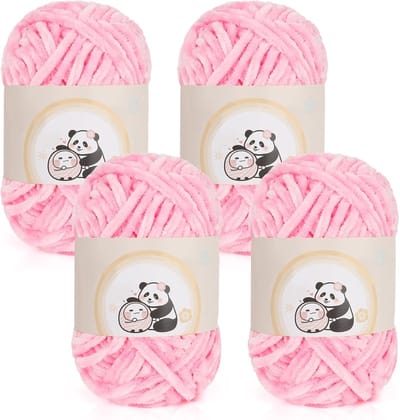 400g (4 x 100g) Chenille Babywol voor Breien, Zacht Chunky Chenille Fluffy Garen, Fluweelige Samt Velvet Chenille Wol voor Haken, Warme Pluiswol voor Mutsen, Sjaals, Dekens, Lichtroze