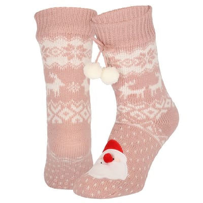 Morethansocks - Huissokken kerst dames - Pompons - Roze - Fluffy sokken kerst - anti slip sokken kerst - Huissloffen kerst - kerstsokken dames