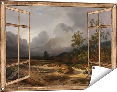 Gards Tuinposter Doorkijk Landschap bij Naderend Onweer - Willem Roelofs - 90x60 cm - Tuindoek - Tuindecoratie - Wanddecoratie buiten - Tuinschilderij