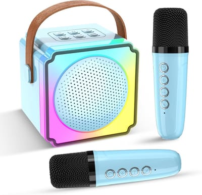 Mini-karaokemachine voor kinderen en volwassenen, draagbare Bluetooth-karaokemachine met 2 draadloze microfoons, karaokemachine voor kinderen voor thuisfeesten, verjaardagscadeaus voor meisjes en jongens (blauw)