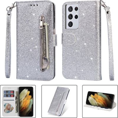 Portemonnee Hoesje - Wallet Case - Rits Sparkly Glitter - Telefoonhoes met Kord Geschikt voor: Samsung Galaxy S20 Ultra - Zilver