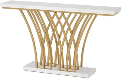 Questyr - Gouden Consoletafel - Moderne Toegangstafel Met Rastervormige Metalen Voet Voor Ingang - Gang - Ingang