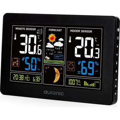 Auronic Weerstation Binnen en Buiten - Draadloos - Met Buitensensor - Temperatuur en Luchtvochtigheid - Digitaal - Hygrometer - Luchtvochtigheidsmeter - 60 Meter Bereik - Zwart