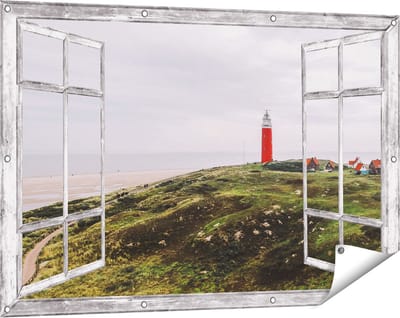 Gards Tuinposter Doorkijk Vuurtoren Texel - 120x80 cm - Tuindoek - Tuindecoratie - Wanddecoratie buiten - Tuinschilderij