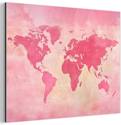 Aluminium schilderij 120x90 cm - Wanddecoratie metaal - Wereldkaart - Roze - Vaag - Metalen muurdecoratie woonkamer - Decoratie industrieel - Foto op dibond - Industriële accessoires slaapkamer
