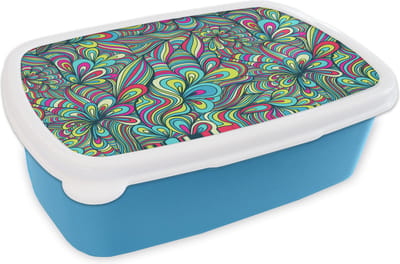 Broodtrommel Blauw - Lunchbox Fantasy - Design - Kleuren - Retro - Brooddoos 18x12x6 cm - Brood lunch box - Broodtrommels voor kinderen en volwassenen
